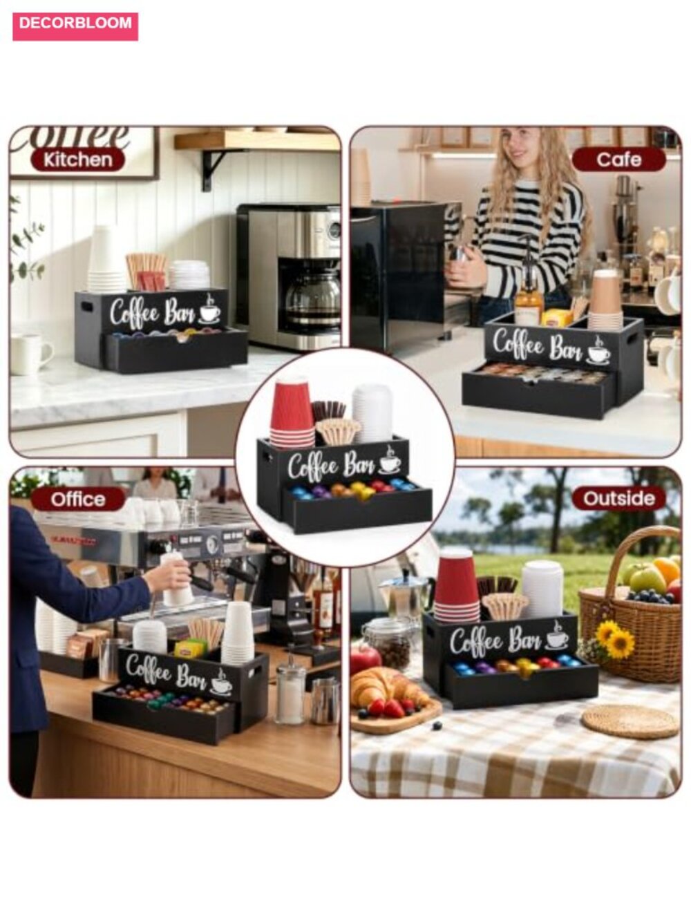 Farmhouse Coffee Station Organizer with Drawer | Wood Coffee Bar Holder for - Picture 6 of 6